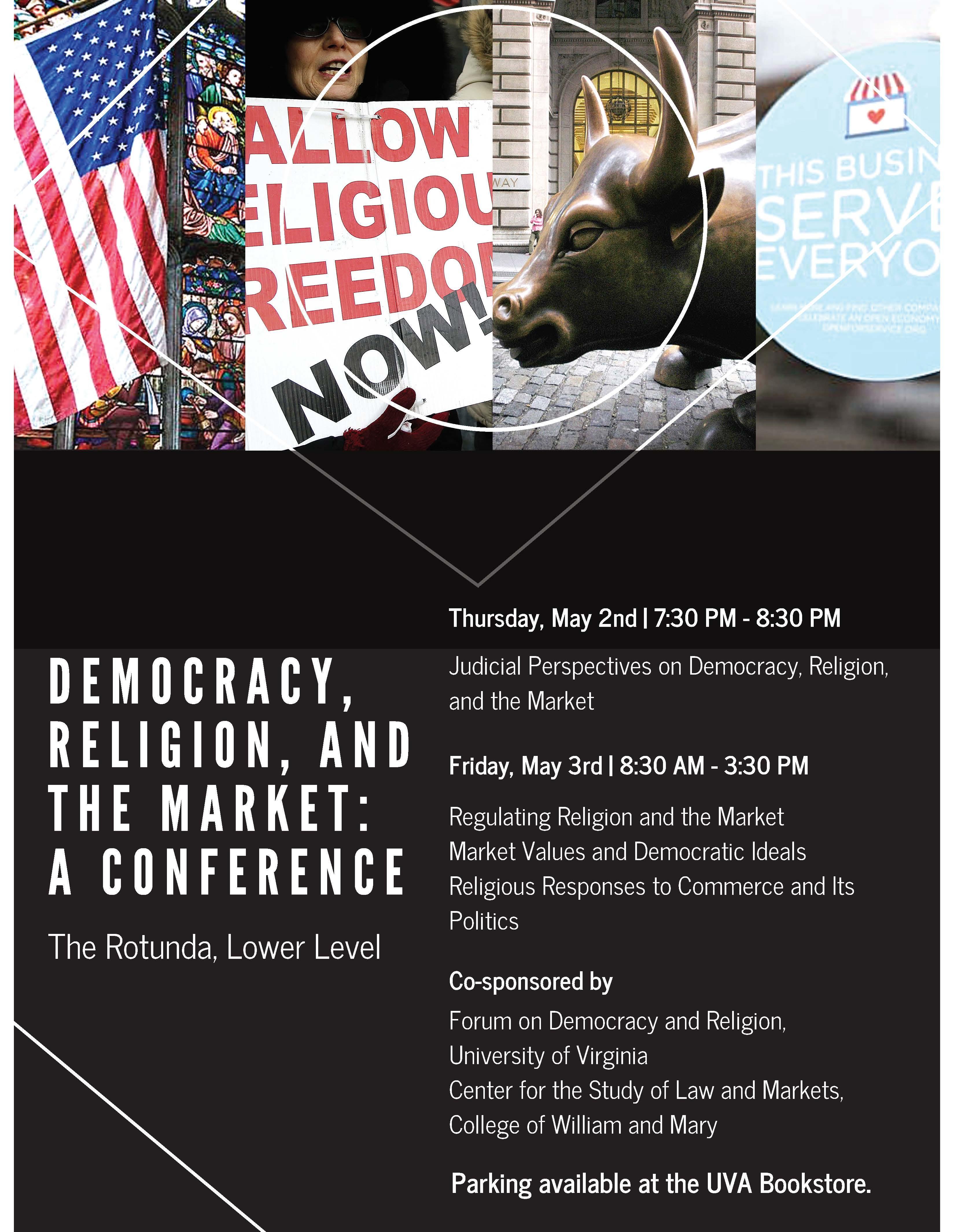 Publicity poster for Democracy, Religion, and Market event
