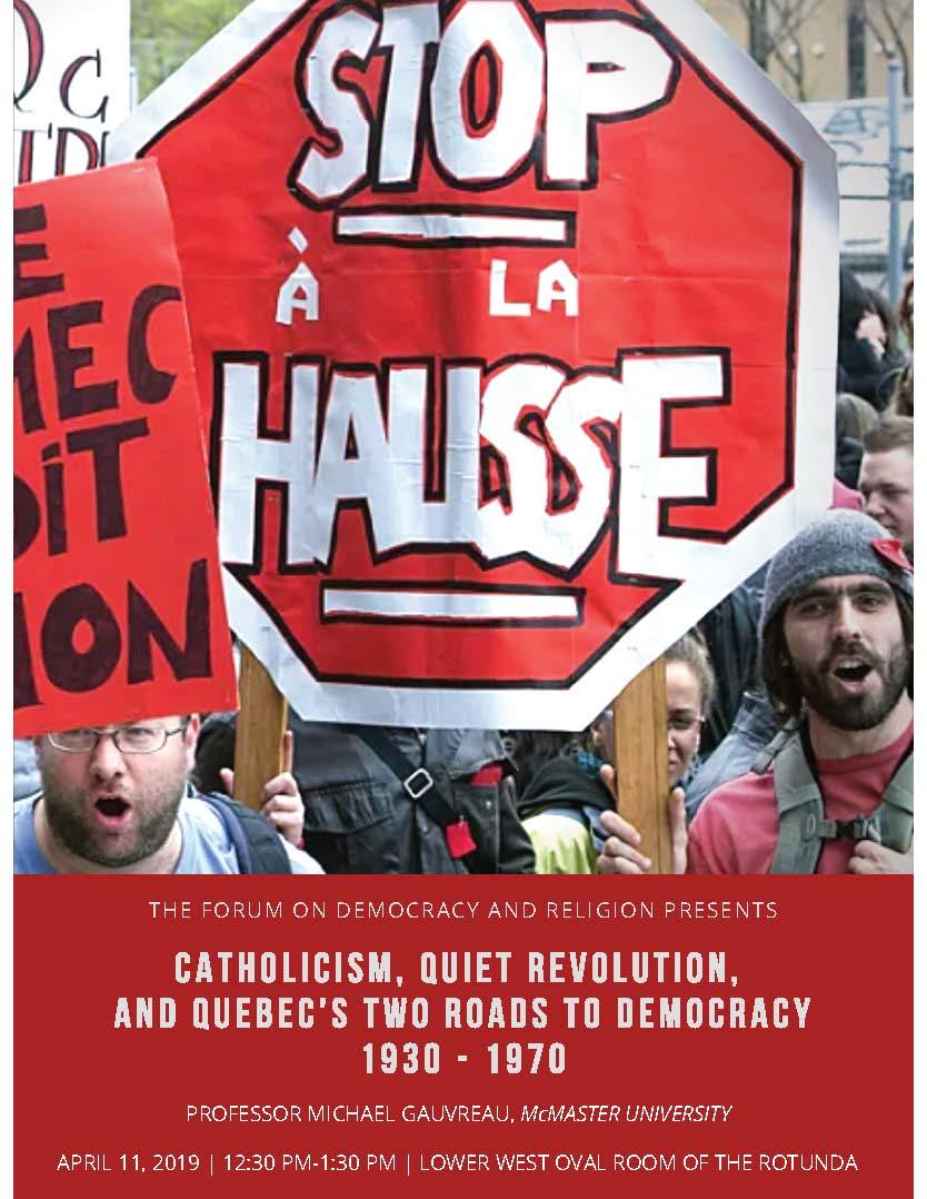 Publicity poster for "Catholicism, Quiet Revolution, and Quebec's Two Roads to Democracy 1930-1970" event